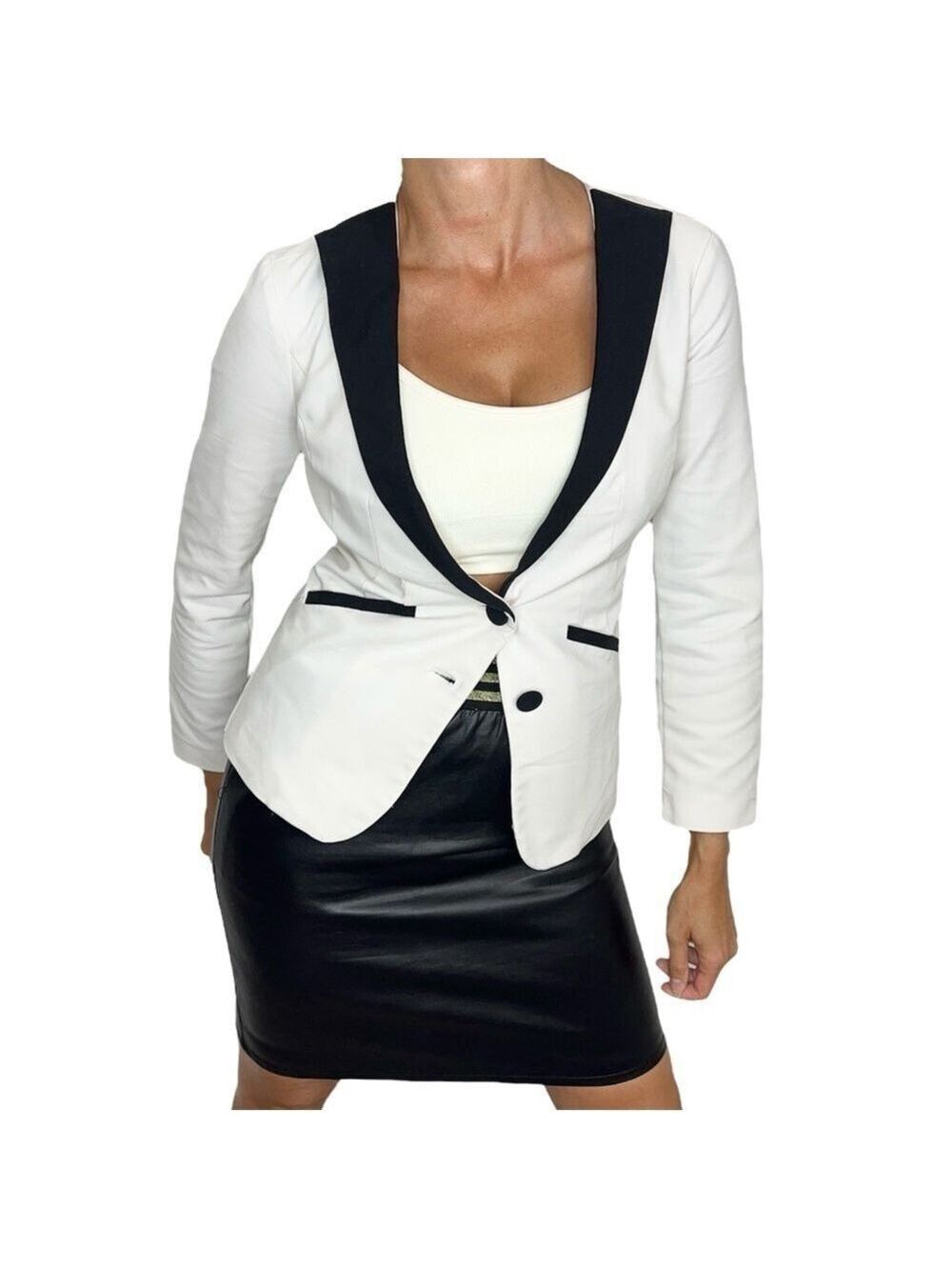 Black and white tailored fitted stretch tuxedo jacket blazer S